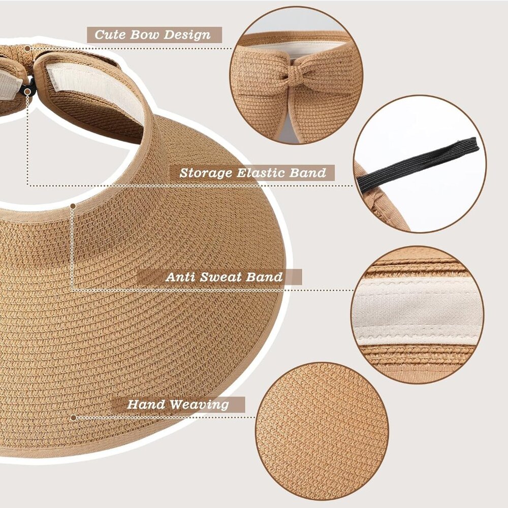 Sun Hats for Women, Wide Brim Straw Beach Hat for Women Foldable Floppy, Sun Hat - Picture 3 of 7